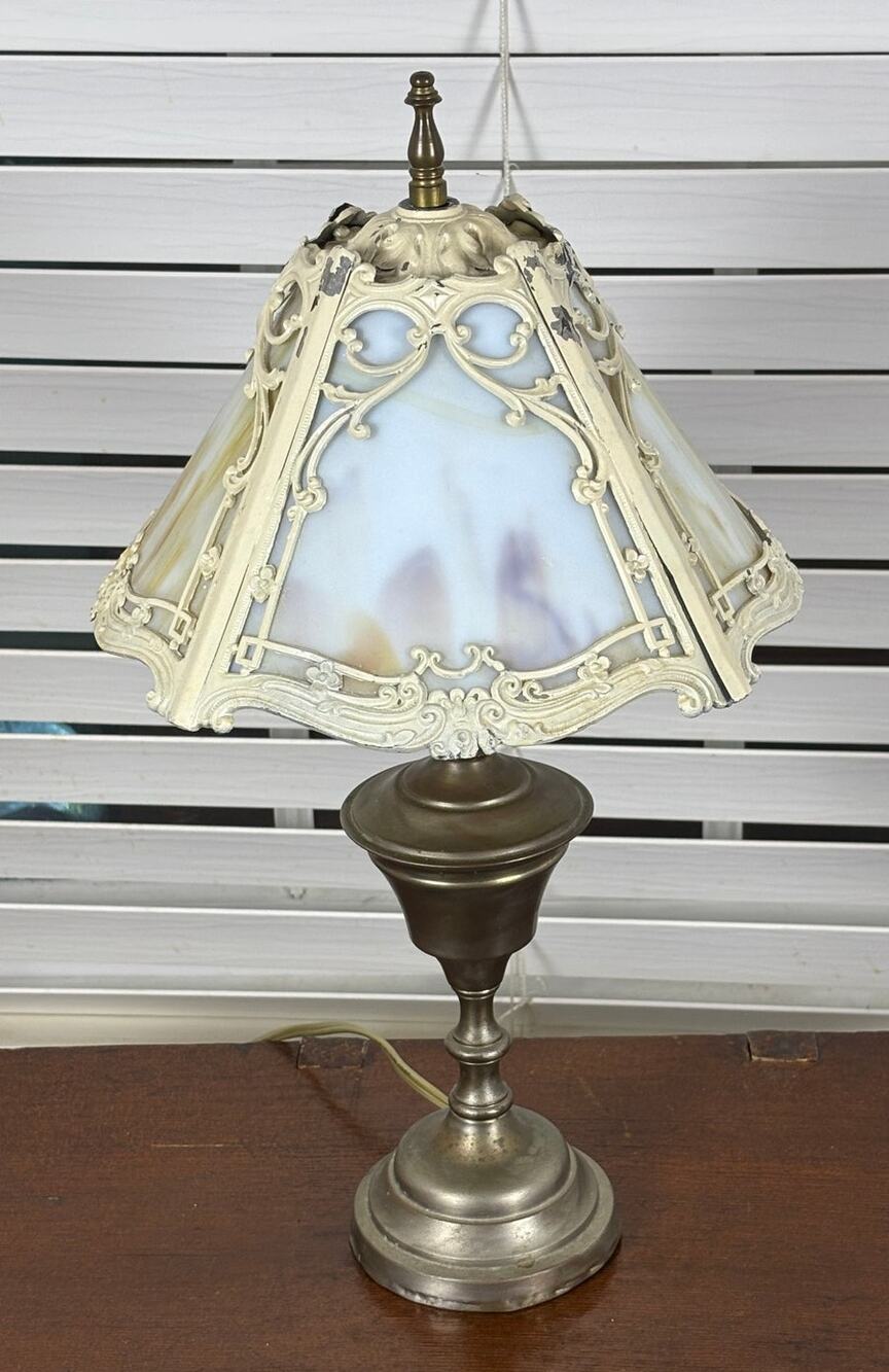 Antique c. 1920 Slag Glass Table Lamp 4 Panel Ornate Metal Shade